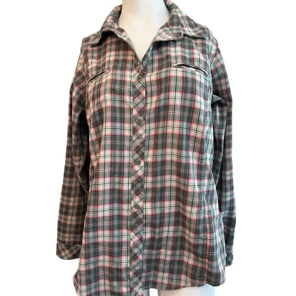 Ex Officio Womens Medium Plaid Shirt Outdoor Roll Tab Sleeves Chest Pockets